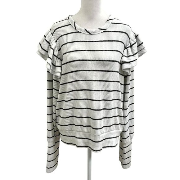 EVEREVE Ruffle Puff Sleeve Stripe Knit Sweater Top Black White size Large - Picture 1 of 9